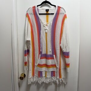 Torrid Striped Fringe Lace Up Pullover Longline Sweater Plus Sz 3 Beach Cover Up